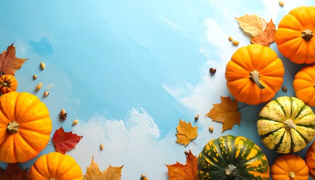 Autumn harvest pumpkins and colorful fall leaves scattered on a textured light blue background, seasonal decoration, Thanksgiving and Halloween border