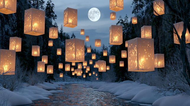 Floating Lanterns Over Snowy River under Full Moon at Winter Night
