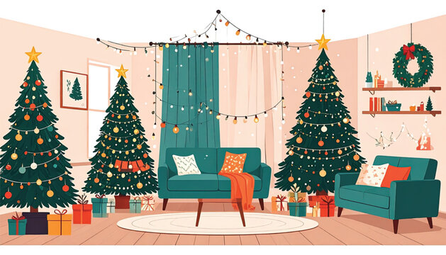 Three Decorated Christmas Trees Indoors.