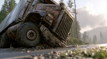 Fototapeta premium a wrecked and overturned semi-truck lies on the side of a rural road after an accident