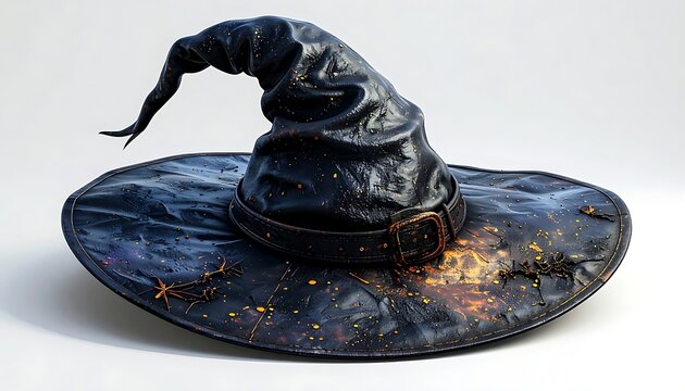 Black glitter witch hat with glowing orange embers, spooky Halloween decoration, isolated on a plain background, mystical accessory for magic