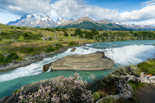 Chilean Torres del Paine National Park: Patagonian snow-capped mountains and rivers