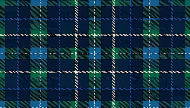 Classic tartan plaid pattern with deep navy, forest green, and sky blue intersecting lines, textured weave, traditional textile design