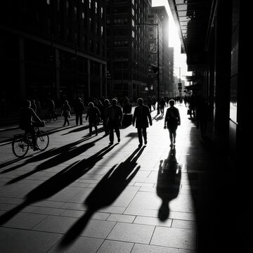 Busy City Street at Dusk with Silhouetted Pedestrians and Shadows