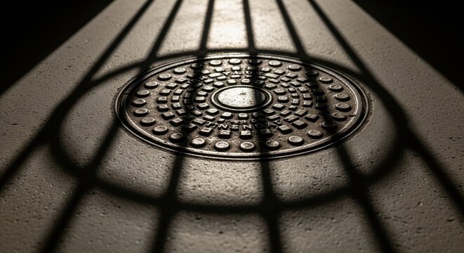 Circular Metal Drain Cover with Shadow Patterns on Concrete Surface