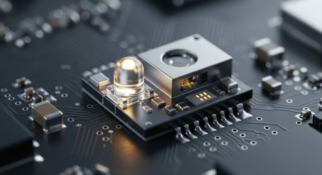 Close-Up of Modern Microchip with LED Element and Circuitboard Design