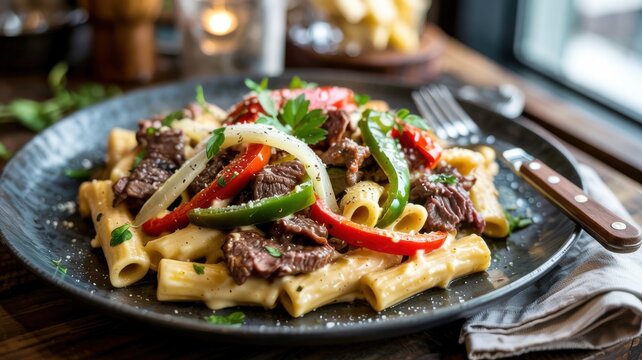 American cuisine.
Philly Cheesesteak Pasta.  Pasta mixed with fried beef, bell pepper and onion. All the ingredients are combined with a thick, stringy cream cheese sauce.