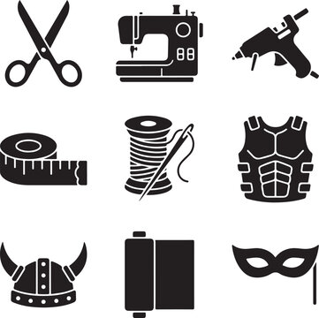 Cosplay crafting icons set, sewing machine and costume making tools vector, 9 black silhouette hobby equipment symbols for diy apparel design