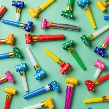 Colorful Party Whistles on a Bright Teal Background for Celebration