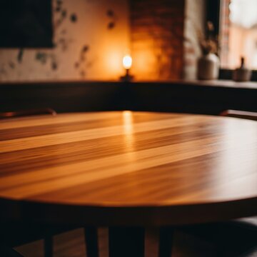 Cozy Warm Wooden Table in Dimly Lit Modern Cafe Interior
