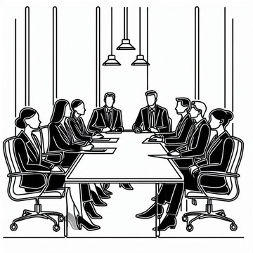 Corporate board meeting long table interview line art background