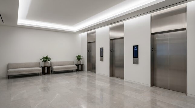 Generative AI, Modern luxury elevator lobby with marble floor and digital displays
