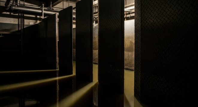Dark Industrial Space with Reflections and Shadows in Water