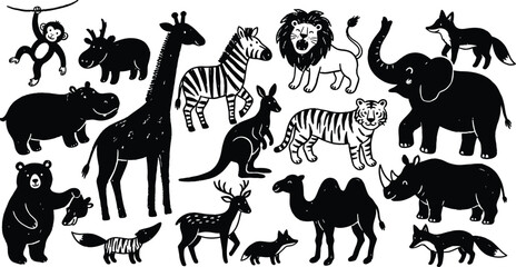 Cute Wild Animals Silhouette Vector Set – Black and White Hand Drawn Zoo and Safari Creatures © Nimra