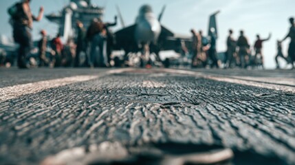 Fototapeta premium a low angle view of a textured non slip steel deck on an aircraft carrier with a jet and people in the background