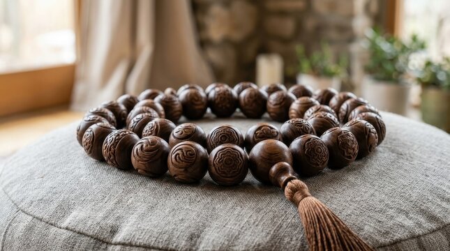 Elegant wooden prayer beads displayed on soft fabric in serene setting