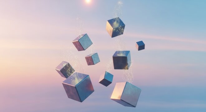 Floating Metallic Cubes with Sparkles in Dreamy Background