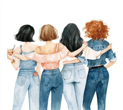 four best friends with their arms around each other seen from behind