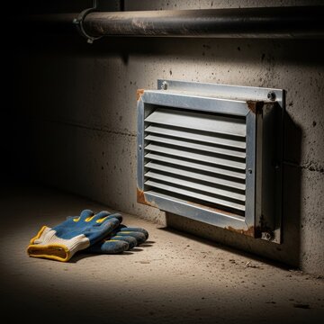 Industrial Ventilation Grate with Work Gloves on Basement Floor