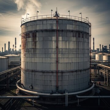 Industrial Storage Tank Surrounded by Pipelines and Refinery Structures