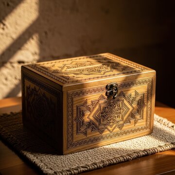 Intricate Wooden Box with Geometric Patterns and Warm Light