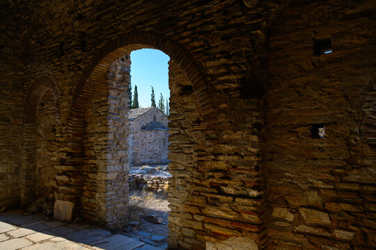 Early Christian basilica ruins at Kesariani aesthetic forest on mountain Hymettus (Ymittos)