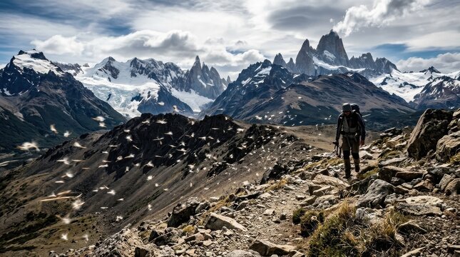 Majestic Mountain Landscape with Hiker in Patagonia Wilderness