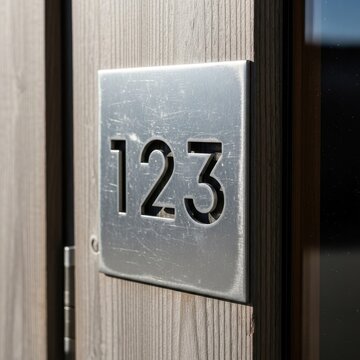 Modern House Number Sign on Wooden Door with Steel Plate
