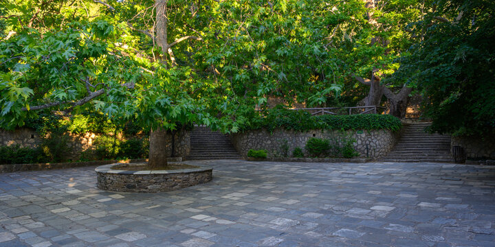 Monastery of Kaisariani exterior area, Kesariani aesthetic forest on mountain Hymettus (Ymittos)