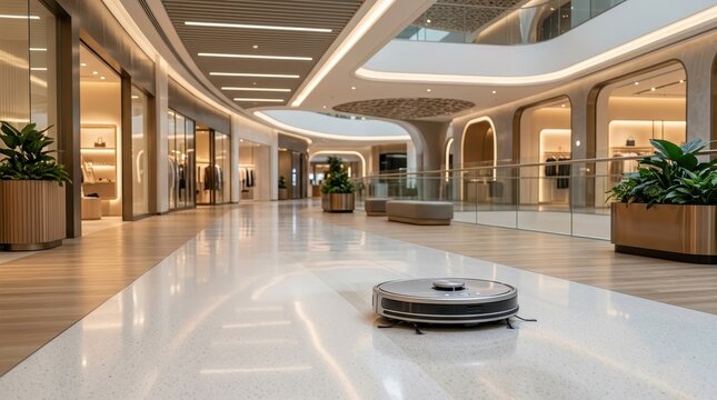 Modern Robot Vacuum Cleaning in Stylish Shopping Mall Interior