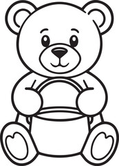 A simple black and white line drawing of a teddy bear holding a round object. © DesignINKZ
