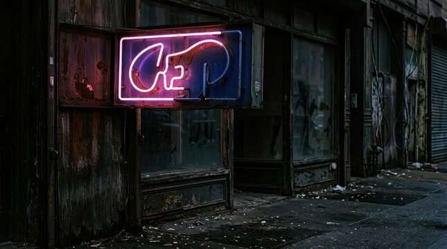 Neon Sign in Abandoned Urban Setting with Grunge Atmosphere