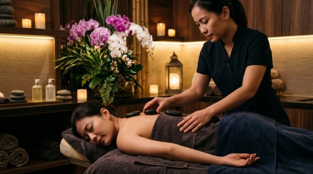 Relaxing Spa Treatment with Hot Stones and Tranquil Atmosphere