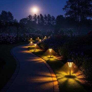 Pathway Illuminated by Lanterns Surrounded by Lush Garden at Dusk
