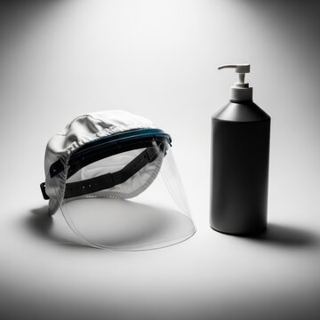 Protective face shield and bottle on gradient background for health care