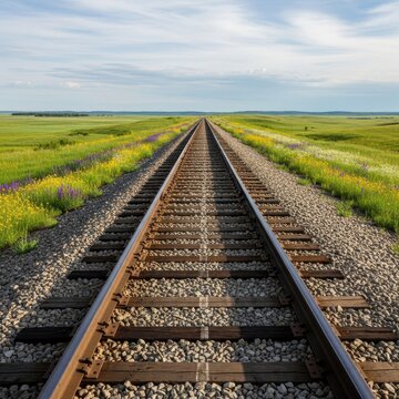 Railway Tracks Stretching Through Lush Green Fields Under Blue Sky