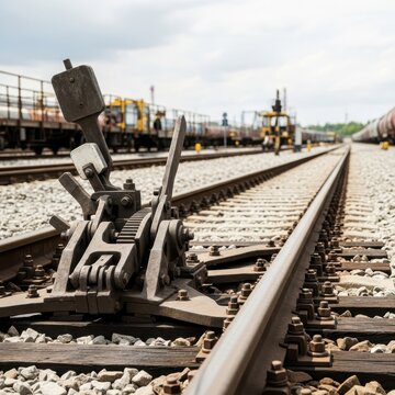 Rail switch mechanism at train yard with tracks and freight cars