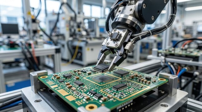 Robotic Arm Handling Circuit Board in Modern Electronics Factory