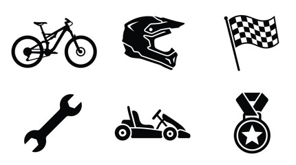 Motorsports cycling icon set featuring bikes, helmets, flags, tools, karts, and medals for racing, competition, branding, and design projects © Files