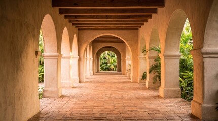 Fototapeta premium Serene Architectural Corridor with Arched Design and Natural Light