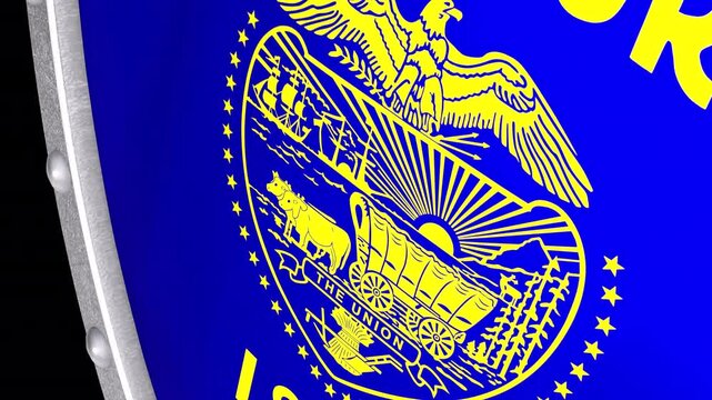 Metallic Shield Transitions with the Flag of State of Oregon of United States of America