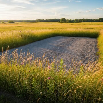 Serene Landscape with Open Field and Vibrant Green Grass at Dusk