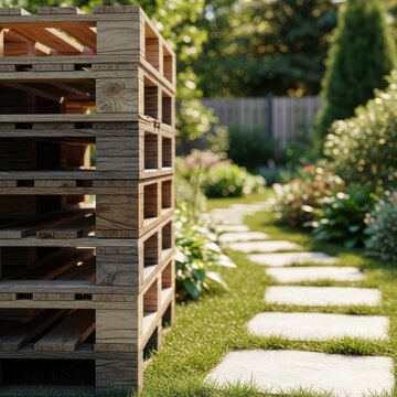 Stacked Wooden Pallets in a Beautiful Garden Setting Outdoors