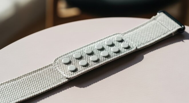 Stylish Silver Metal Watch Band with Buttons on a Table Surface