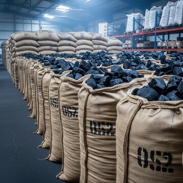 Stacked Burlap Bags of Charcoal in a Warehouse Environment