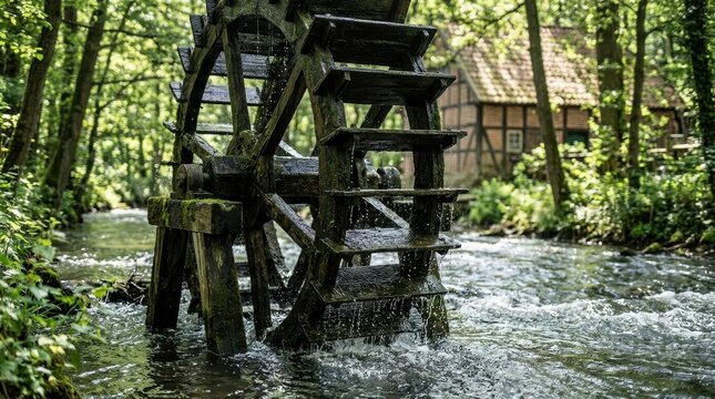 Traditional Water Mill by a Stream Surrounded by Lush Greenery
