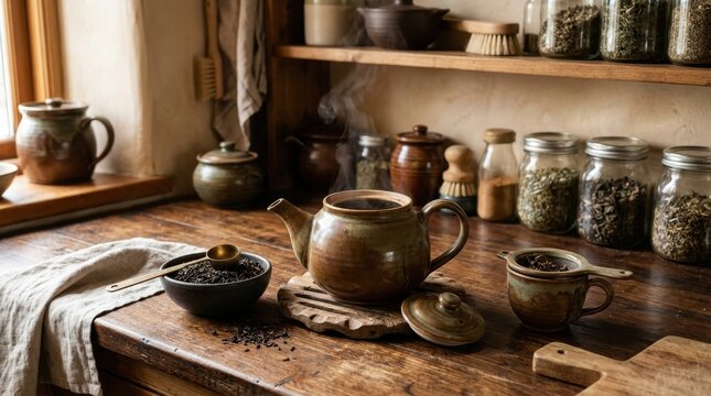Traditional Wooden Kitchen with Teapot and Herbal Ingredients