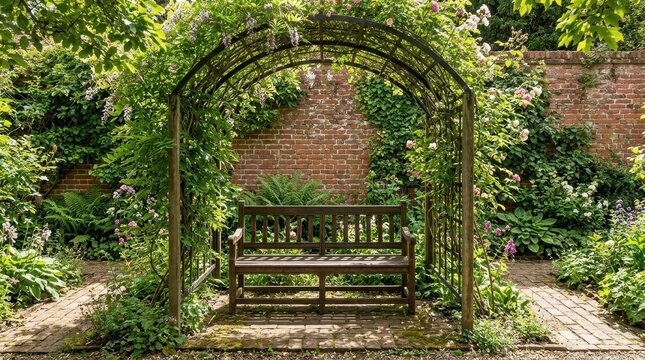 Tranquil Garden Bench Surrounded by Lush Greenery and Flowers