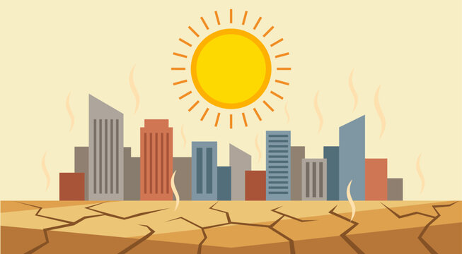 Sol radiante sobre edificios en una ciudad con suelo seco agrietado por una ola de calor extremo