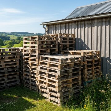 Wooden Pallets Stacked Creatively Near a Rustic Building Landscape